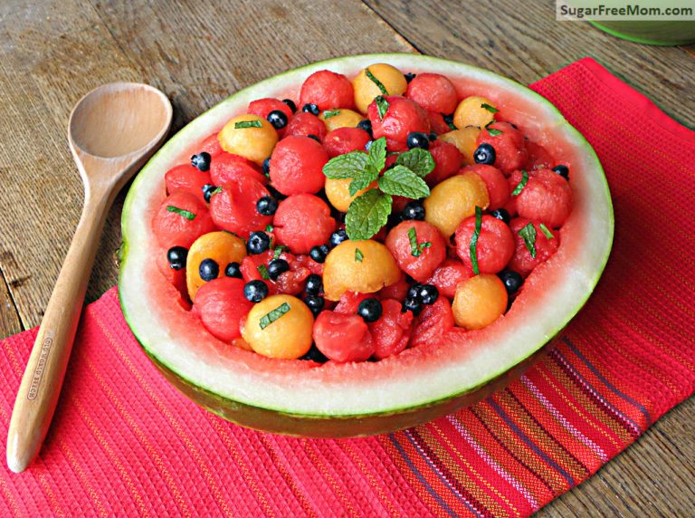 Watermelon Cantaloupe Berry Mint Salad with Honey Vinaigrette