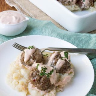 Low Carb Reuben Style Cauliflower Casserole with Pastrami Meatballs