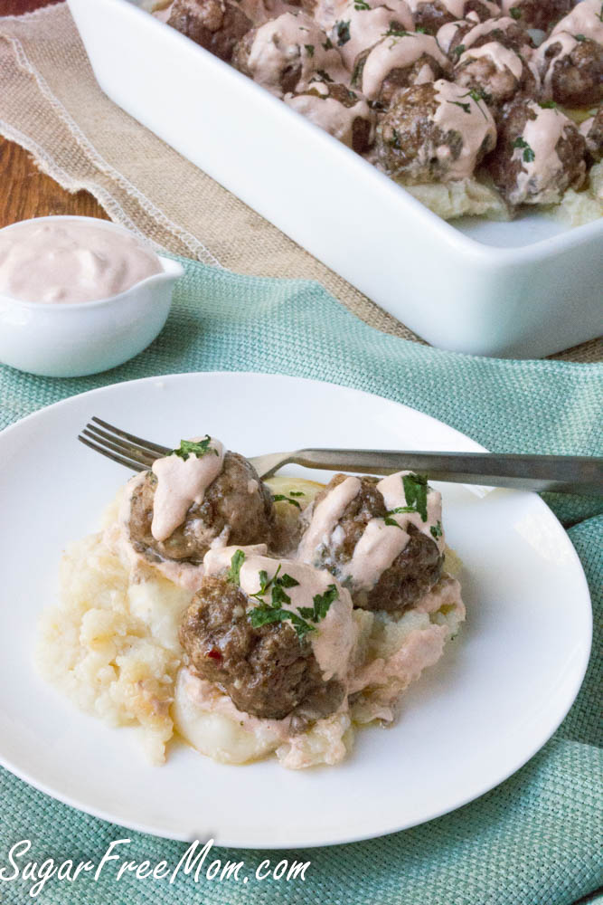 Low Carb Reuben Style Cauliflower Casserole with Pastrami Meatballs