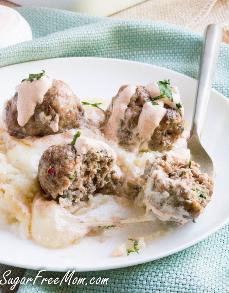 Low Carb Reuben Style Cauliflower Casserole with Pastrami Meatballs