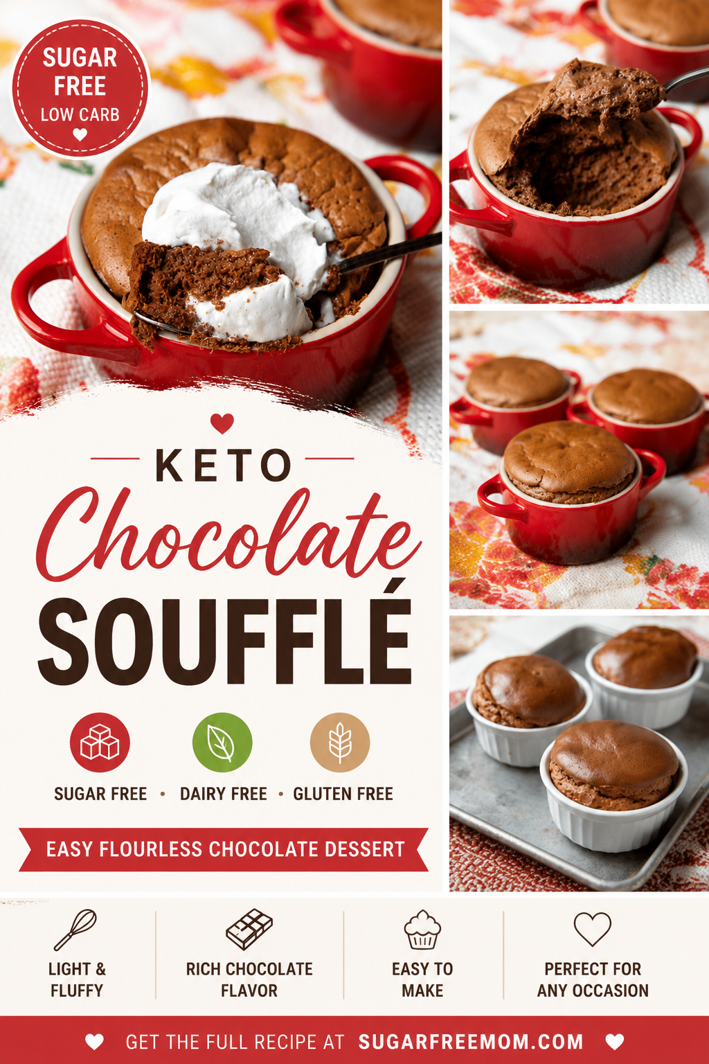 Pinterest collage keto chocolate souffle- dairy free, low carb, gluten free, sugar free