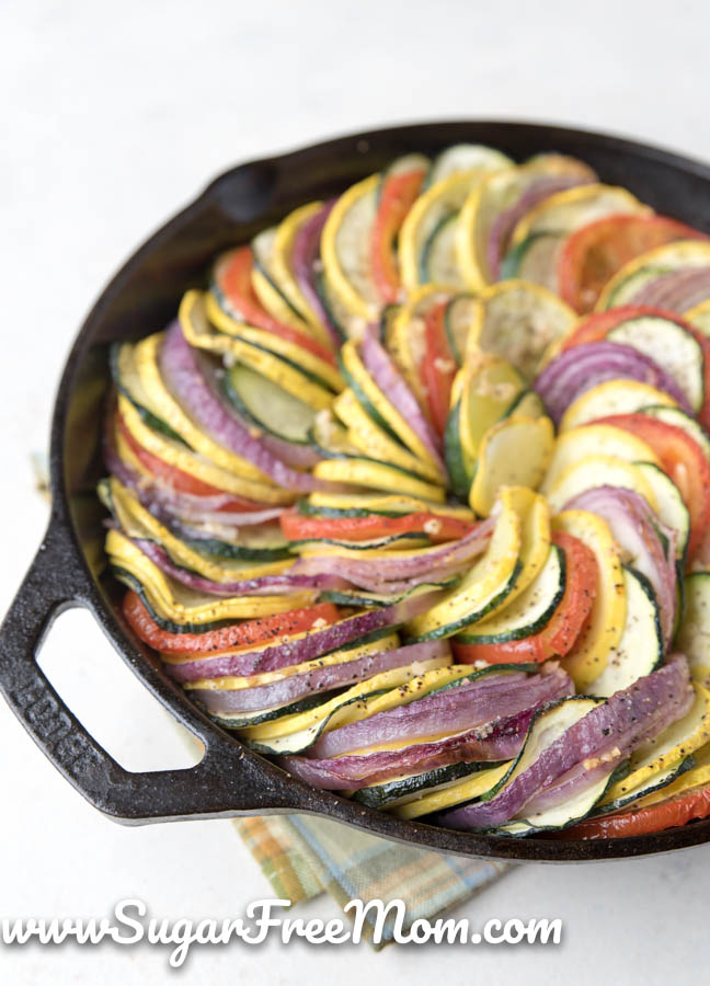 This exquisite looking low carb ratatouille is an easy low carb recipe that is not as hard as you think to put together! It's a delicious and elegant side dish to go with any entree you enjoy or perfect for a brunch or holiday!