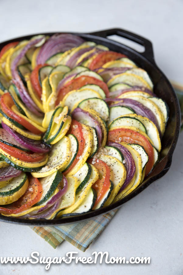 This exquisite looking low carb ratatouille is an easy low carb recipe that is not as hard as you think to put together! It's a delicious and elegant side dish to go with any entree you enjoy or perfect for a brunch or holiday!