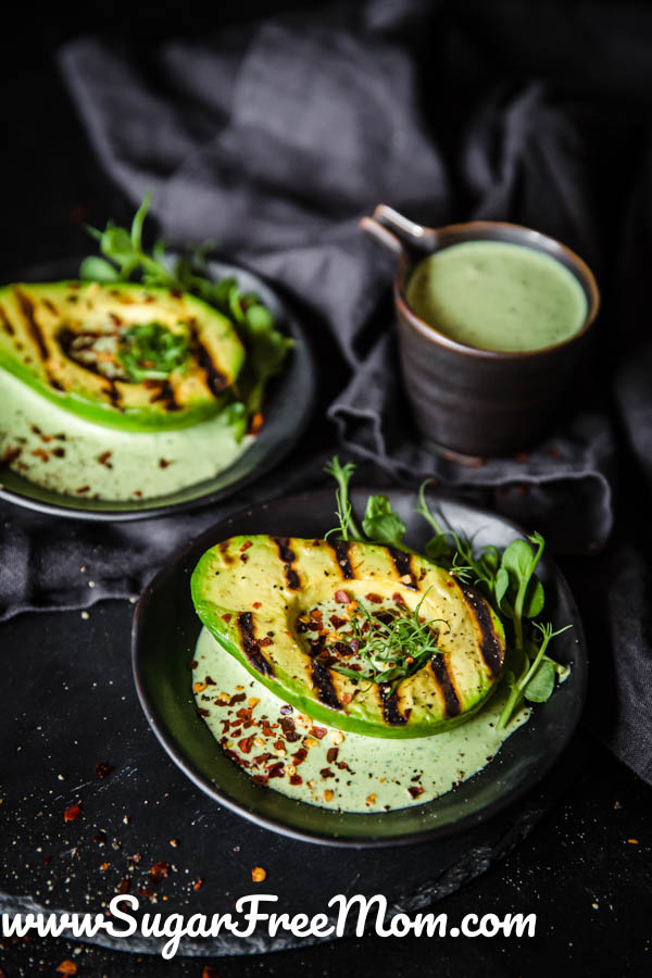 Char Grilled Avocado with Creamy Herb Dressing (Keto, Sugar Free, Low Carb)