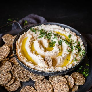 keto cauliflower hummus and seed crackers-4