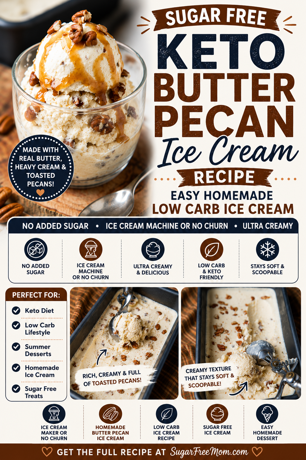 Pinterest Collage for Sugar Free Keto Butter Pecan Ice Cream recipe
