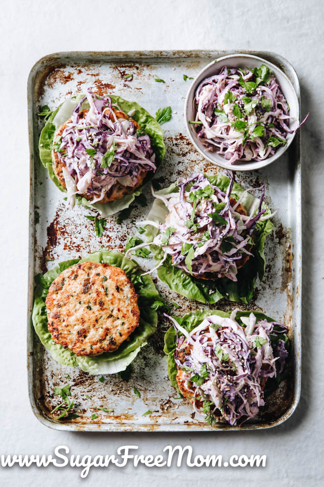 Keto Salmon Burgers with Sugar Free Spicy Coleslaw (Low Carb)