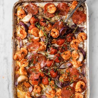 Sheet Pan Shrimp with Crispy Pepperoni (Low Carb, Keto)