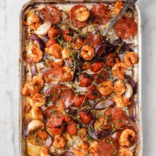 Sheet Pan Shrimp with Crispy Pepperoni (Low Carb, Keto)