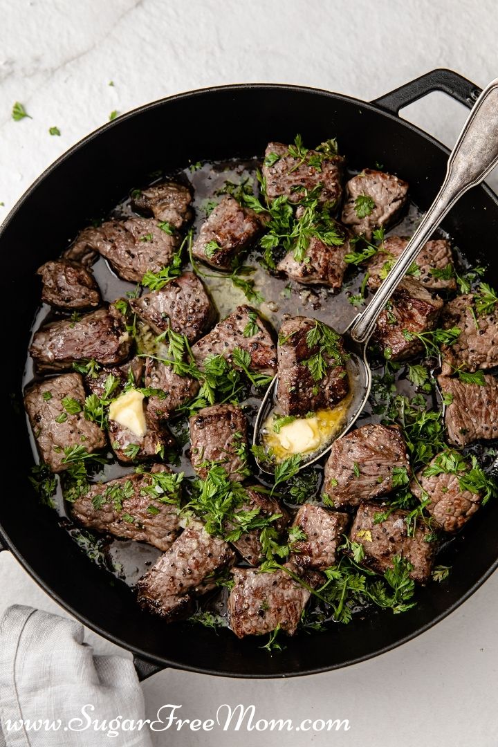 Quick & Easy Keto Garlic Butter Steak Bites made in 10 minutes! Zero net carbs!