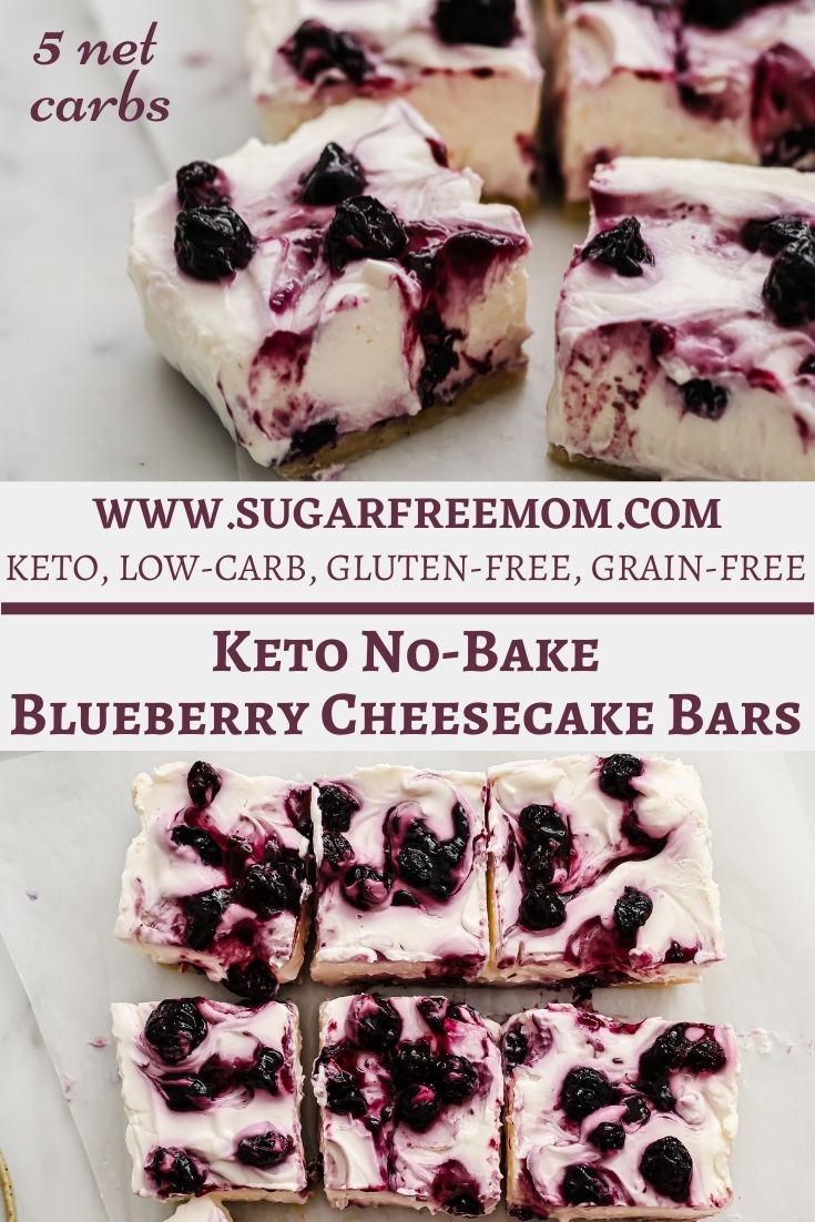 Sugar-Free, Keto, Low Carb Blueberry Cheesecake bars are a creamy, easy, no-bake keto cheesecake with 5 grams of net carbs per serving!