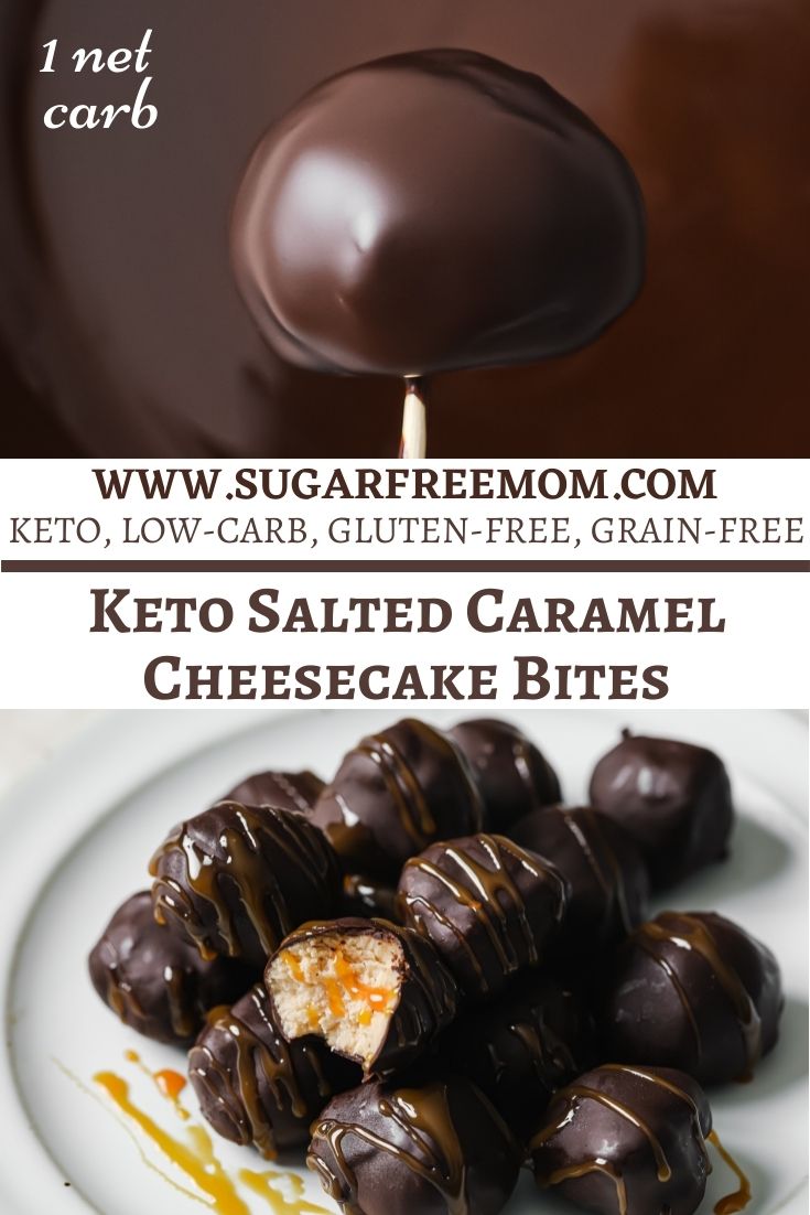 These easy keto salted caramel cheesecake bites are the perfect size for portion control and great for a party as a no utensils required keto dessert! 