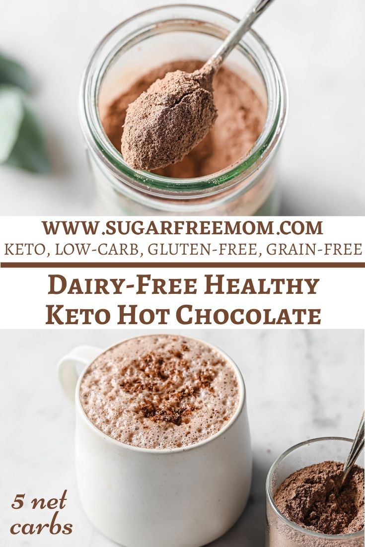 Here's a super easy, 3 ingredient, quick sugar free hot chocolate mix recipe you can make as a single serving or enjoy a larger batch and store in a mason jar for whenever you like!