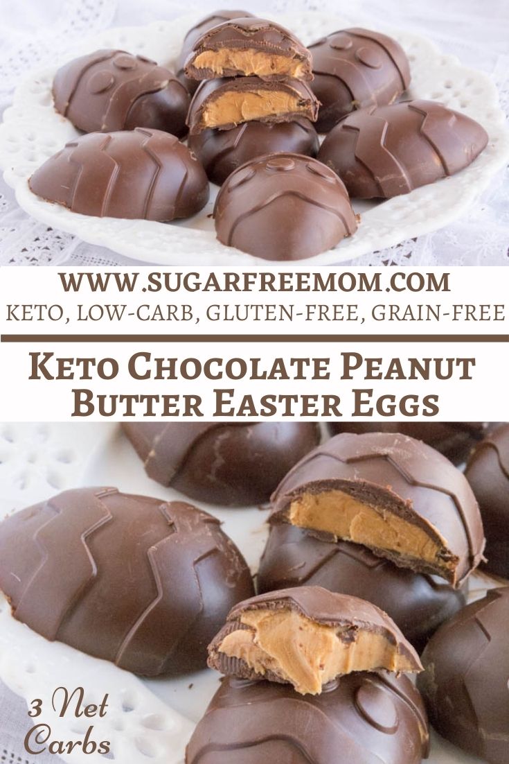 These Sugar-Free Keto Low Carb Peanut Butter Eggs have the most delicious creamy peanut butter filling and are an easy, no bake recipe that's also gluten free & dairy free! Just 5 ingredients and just 3 net carbs per serving!