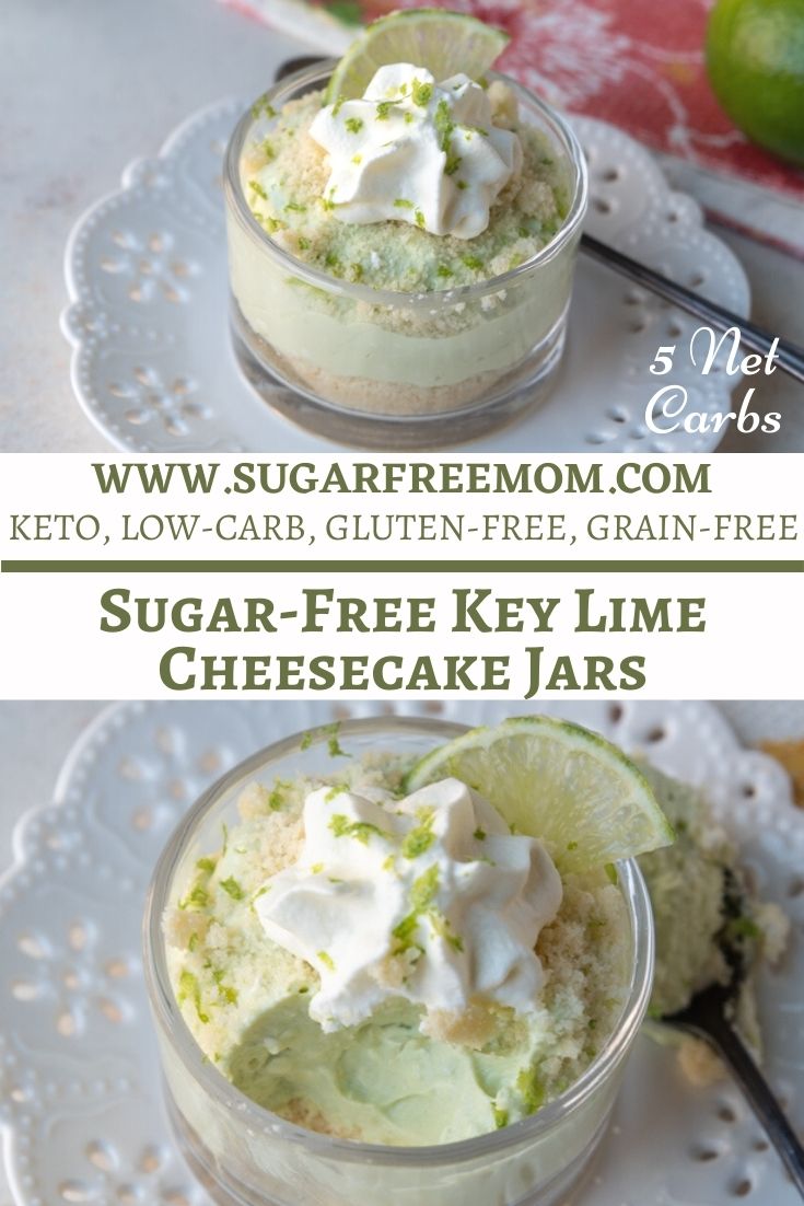 These beautiful creamy sugar free key lime cheesecake jars take minutes to make and are just 5 g net carbs per serving!