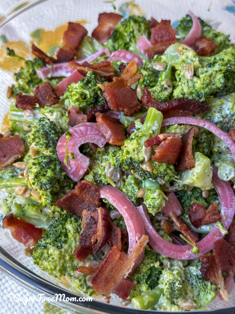 keto broccoli salad close up view