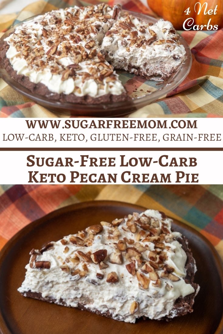 This easy sugar free, low carb pecan cream pie is a lighter, creamy, no bake version of a keto pecan pie recipe. Just 4 net grams of carbs for a delicious piece of this keto pie recipe! Perfect for anyone on a keto diet, low carb diet or just looking to reduce your sugar intake