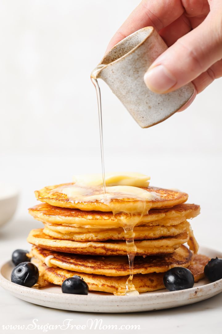 These scrumptious, low carb, keto, fluffy pancakes are high protein, with 6 simple ingredients and made quickly in a blender! 15 grams of protein and just 4 g net carbs for two protein pancakes!