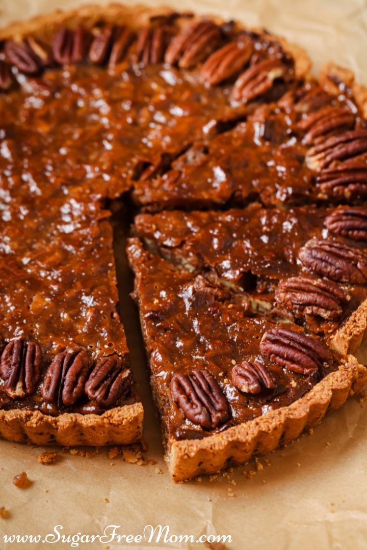 pecan pie with a few slices cut out