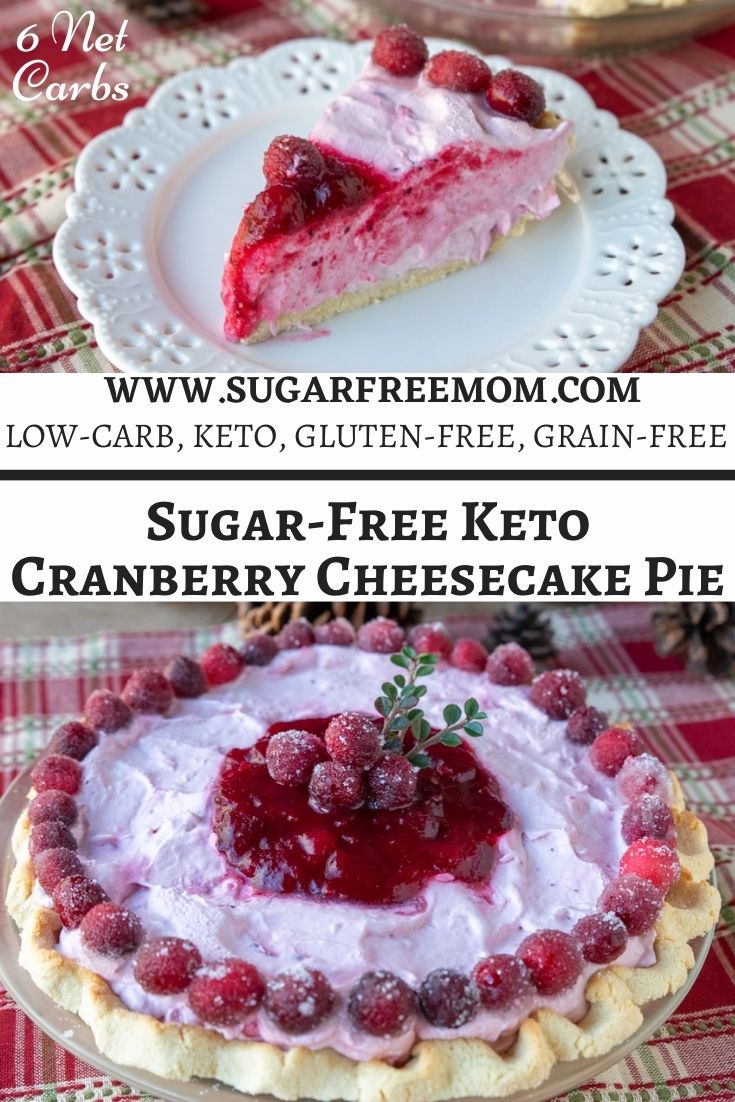 This delicious, no bake, low carb, keto cranberry cheesecake pie includes an amazing keto jam made from fresh cranberries that's swirled into a luscious, cream cheese mixture creating a beautiful festive cranberry pie recipe for the holiday season. Just 6 net g carbs per serving.