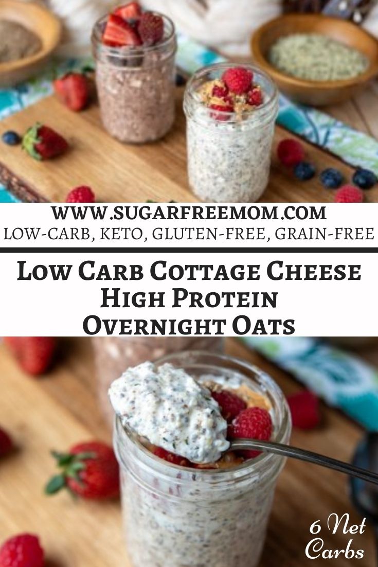 This low carb, high protein overnight oats recipe has 33 grams of protein and doesn't need any oats at all to make a thick creamy texture! Perfect for making ahead for busy mornings on the go!