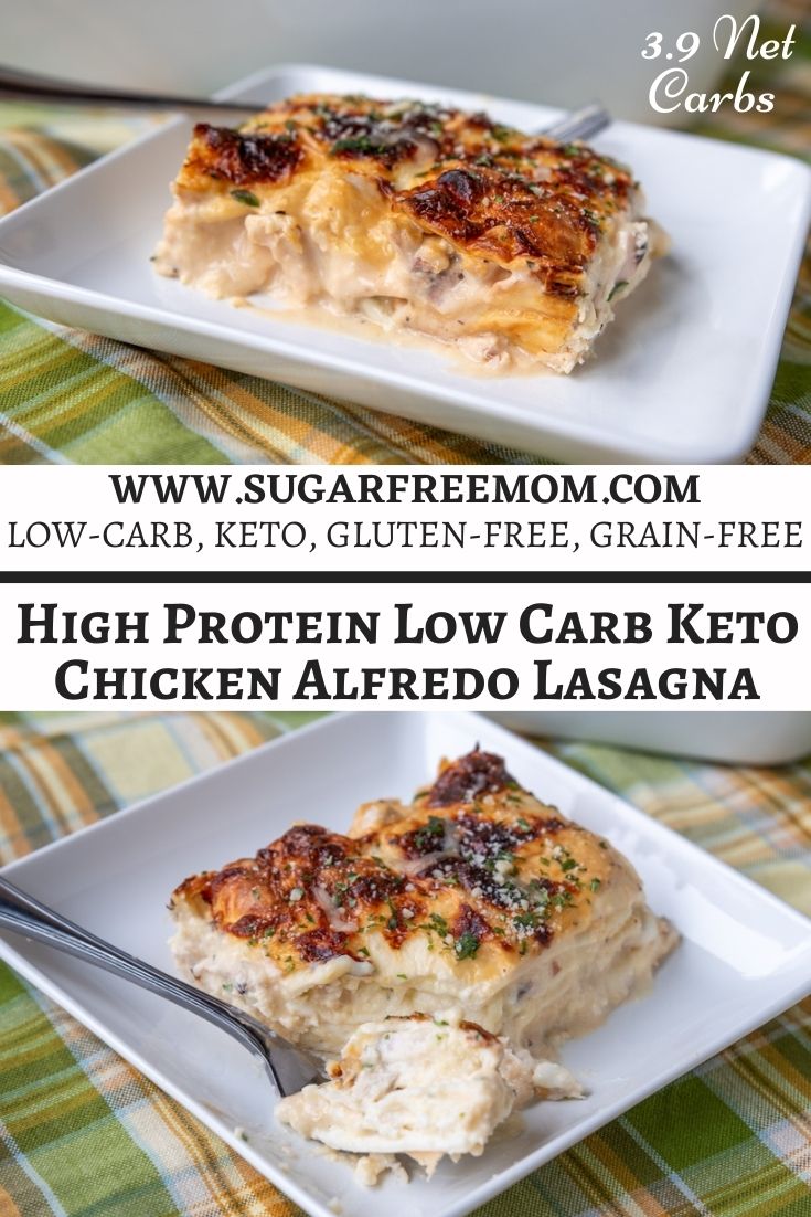 This easy high protein keto chicken Alfredo lasagna will please the whole family and has just 3.9 g net carbs for a nice large serving that is incredibly satisfying! Just 8 simple ingredients to make this tasty keto lasagna recipe!
