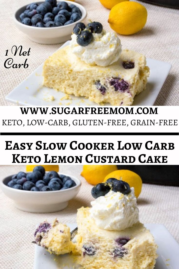This Slow Cooker Keto Lemon Cake is sugar free, gluten free, grain free, low carb and filled with a lemony custard and fresh blueberries! Just 3 g net carbs and perfect for either a low carb diet or keto diet!
