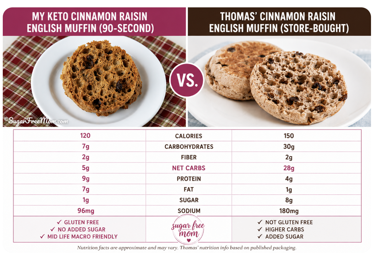 90 Second Keto Cinnamon Raisin English Muffin compared to Thomas' Cinn Raisin English Muffin nutrition facts