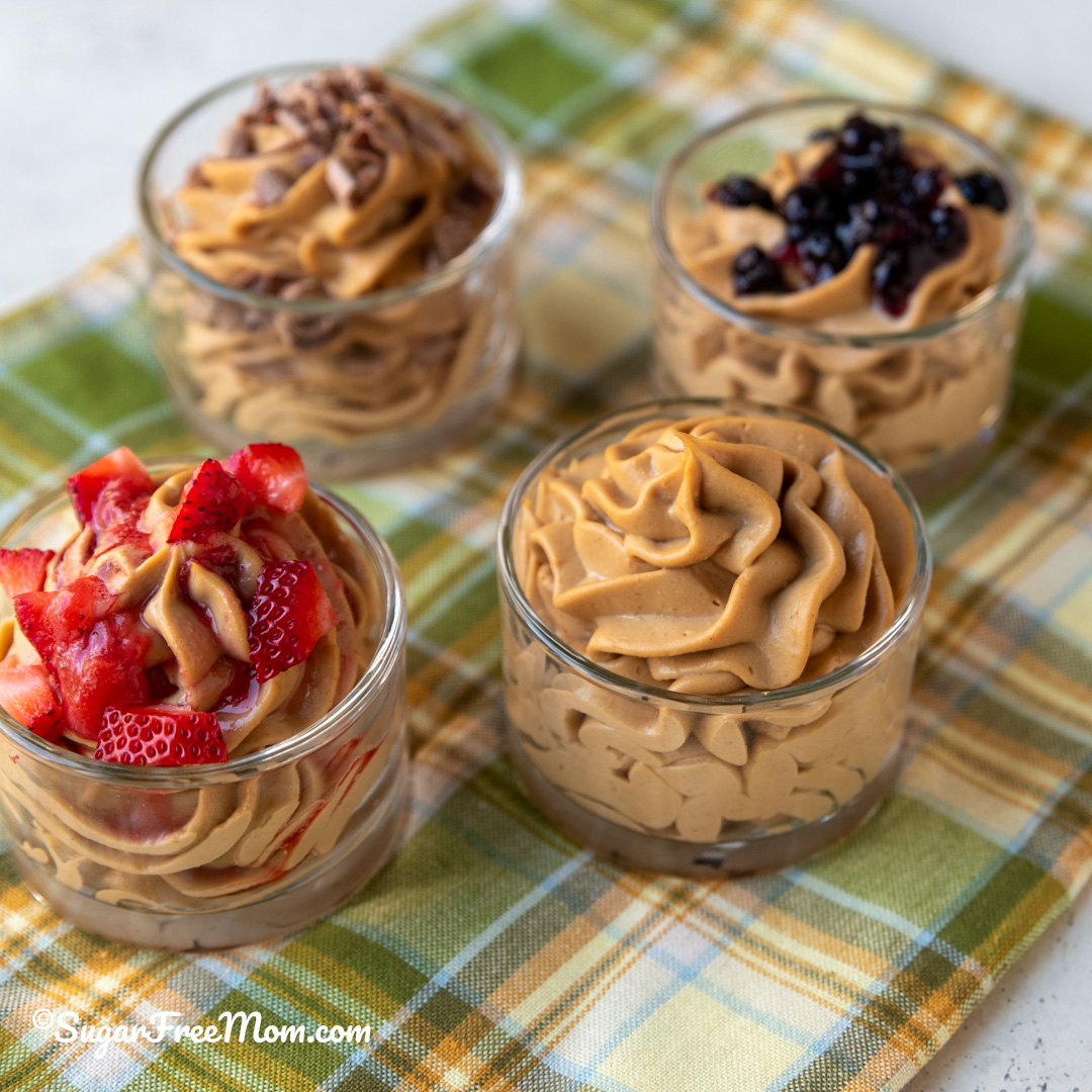 Close picture of keto peanut butter fluff in small serving glasses