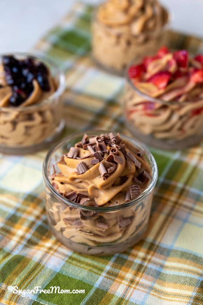 Sugar Free Chocolate shavings over keto peanut butter protein fluff