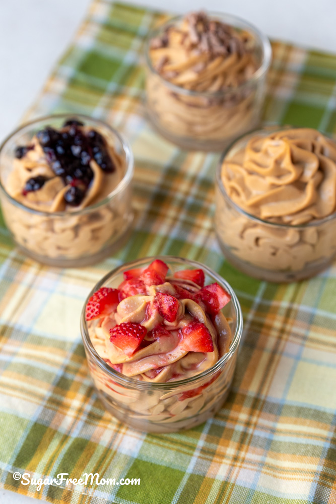 Dairy Free Low Carb Keto Peanut Butter Protein Fluff topped with strawberries