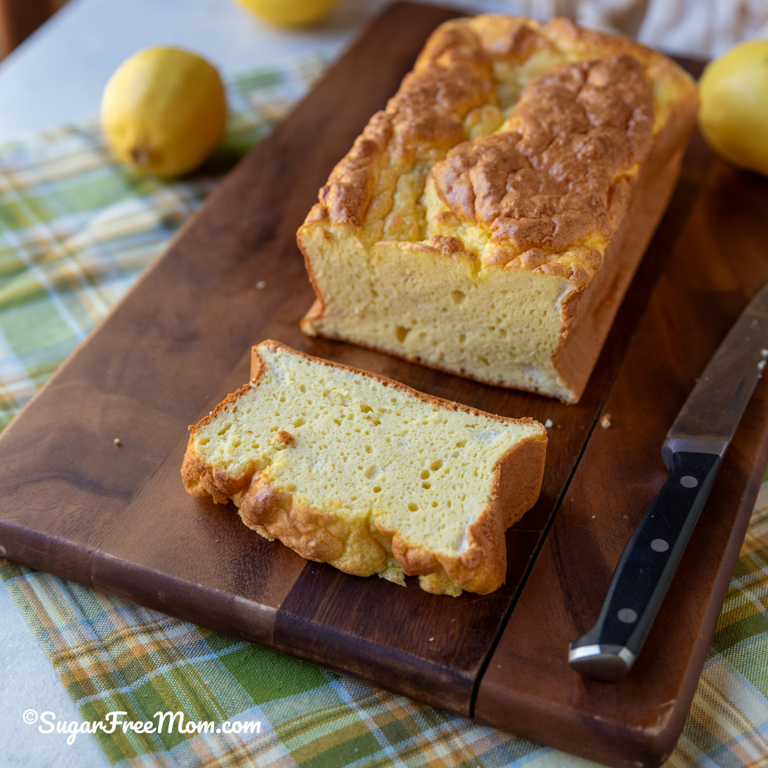 low carb keto lemon loaf sliced on cutting board