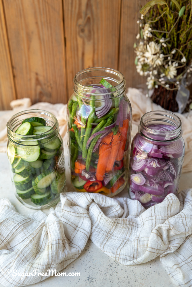 3 mason jars of fresh vegetables without the brine