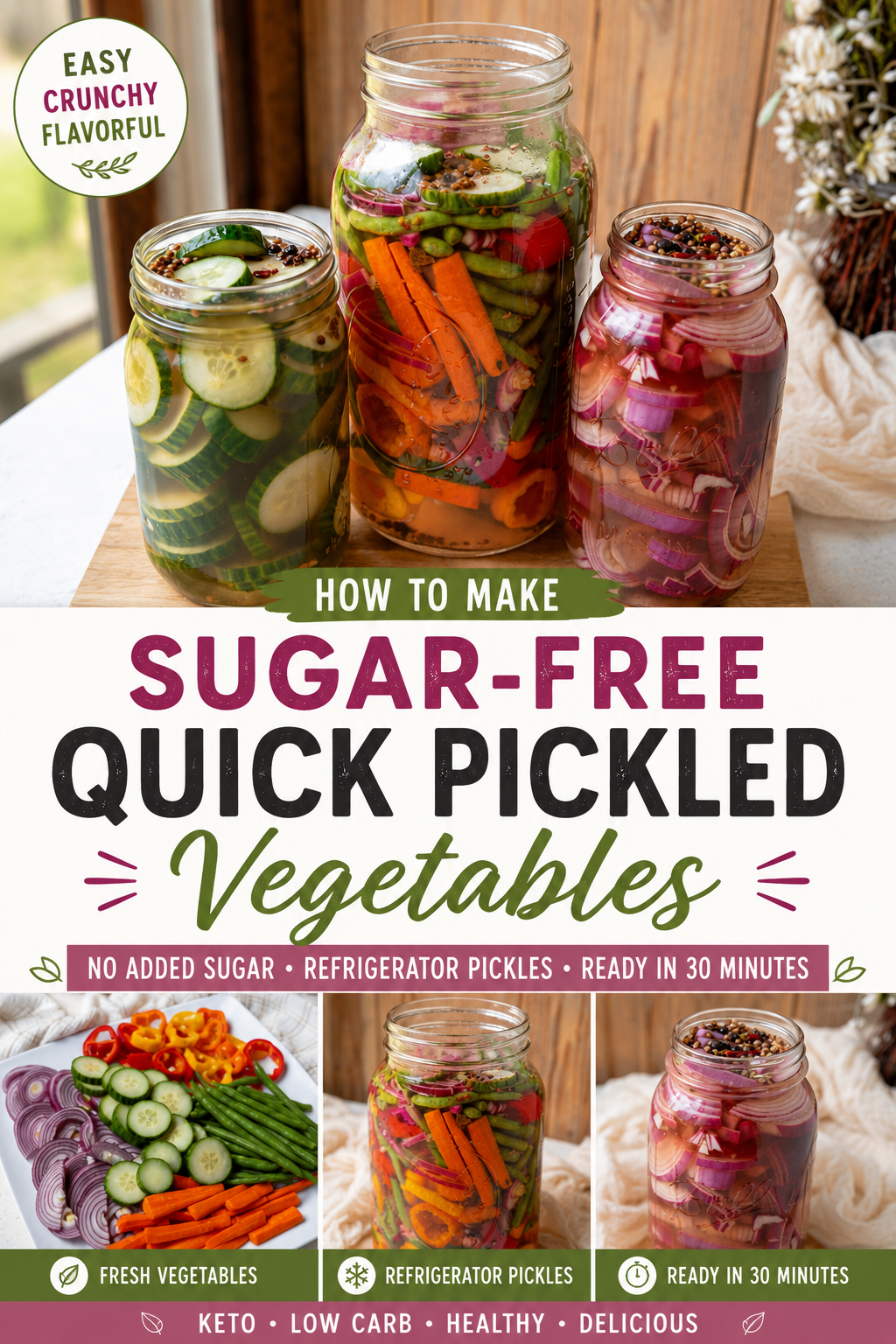 How to make Sugar Free Quick Pickled Vegetables Pinterest collage