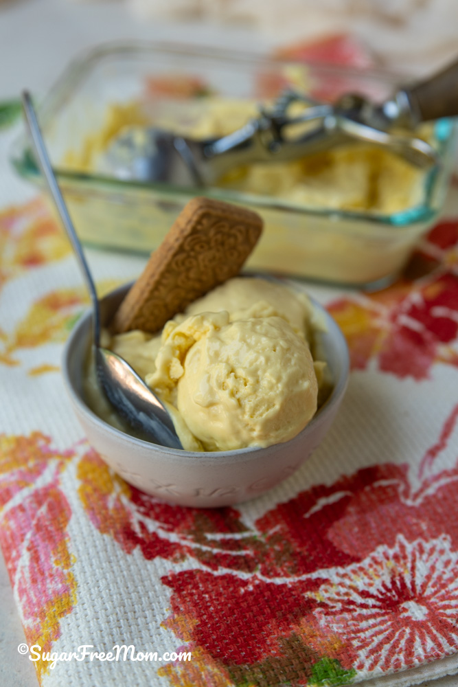 vertical picture of low carb mango high protein ice cream