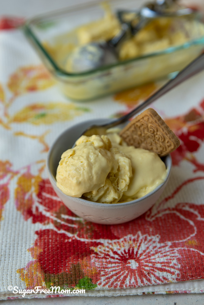 vertical picture of a small bowl of mango keto ice cream