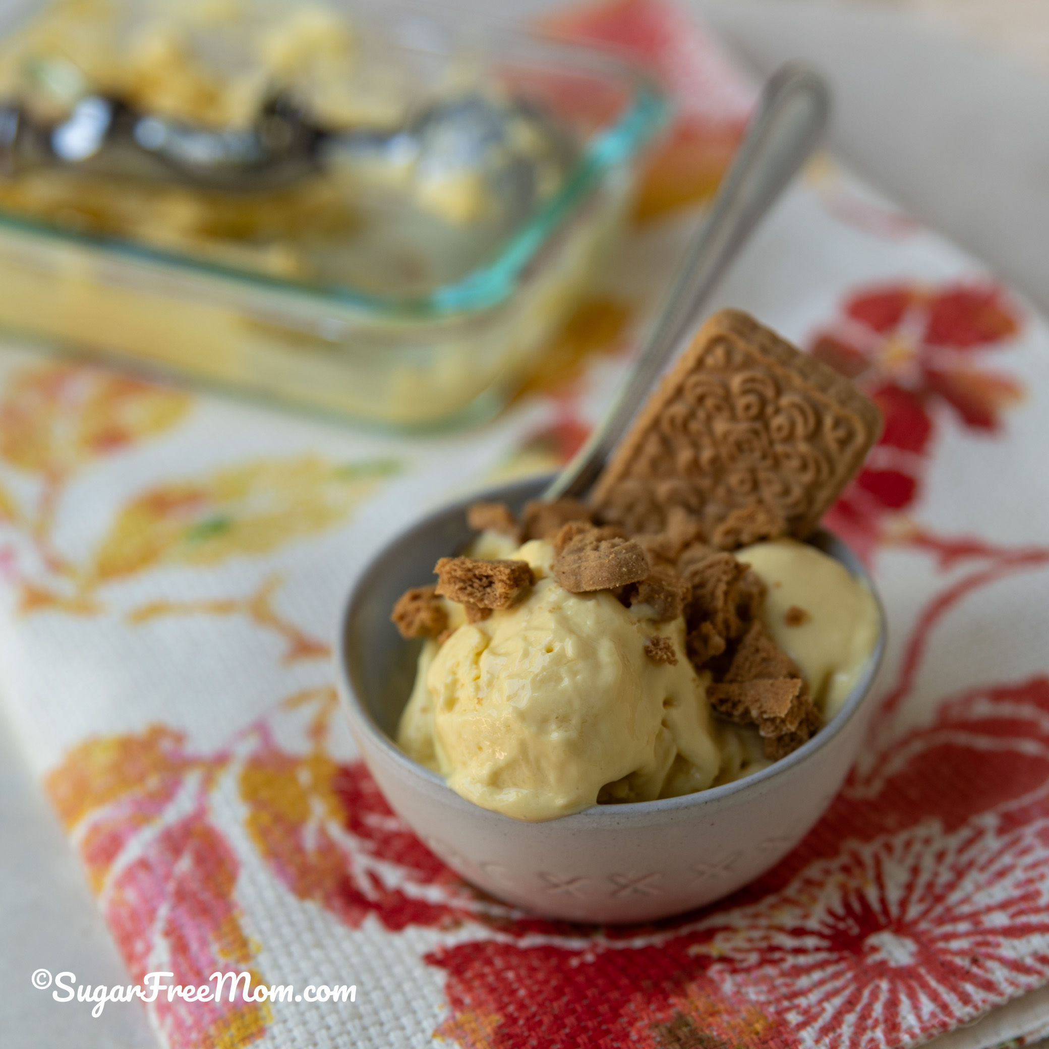 close up high protein boiled egg ice cream melting in a bowl topped with keto cookie crumbles
