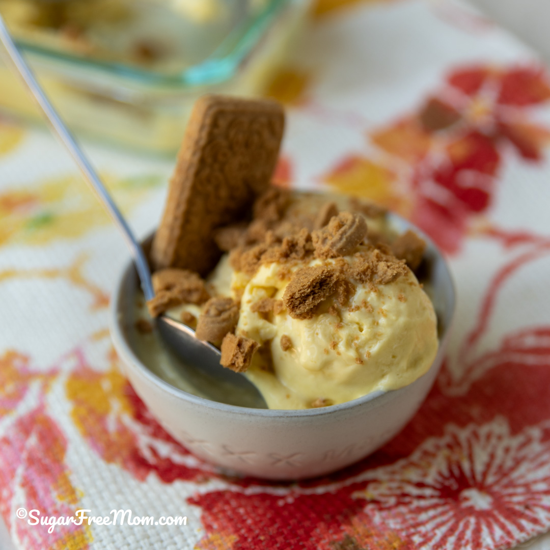 close up mango protein ice cream topped with choczero speculos cookies