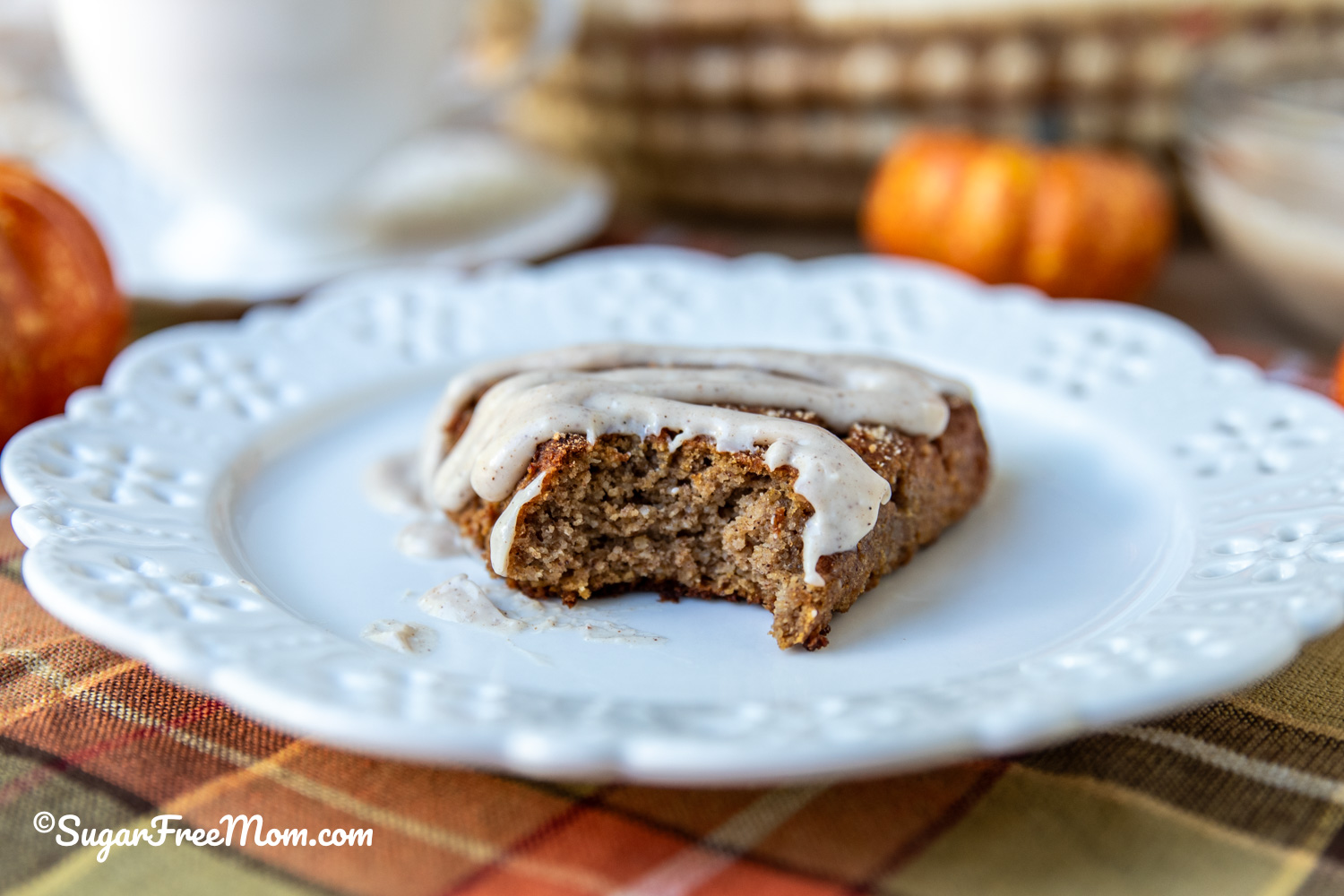 horizontal image of the inside of keto pumpkin scone on a plate
